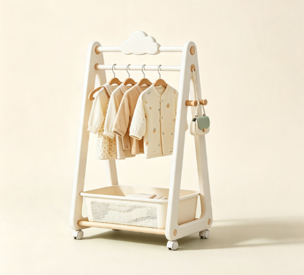 Cream Style Cloud Themed Kids' Clothing Rack: Multi Tier Floor Standing Unit with Storage Basket and Swivel Wheels – Baby Garment Organizer