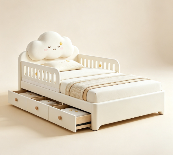 Cloud Themed Upholstered Solid Wood Single Bed for Kids – With Storage Drawers & Safety Rails