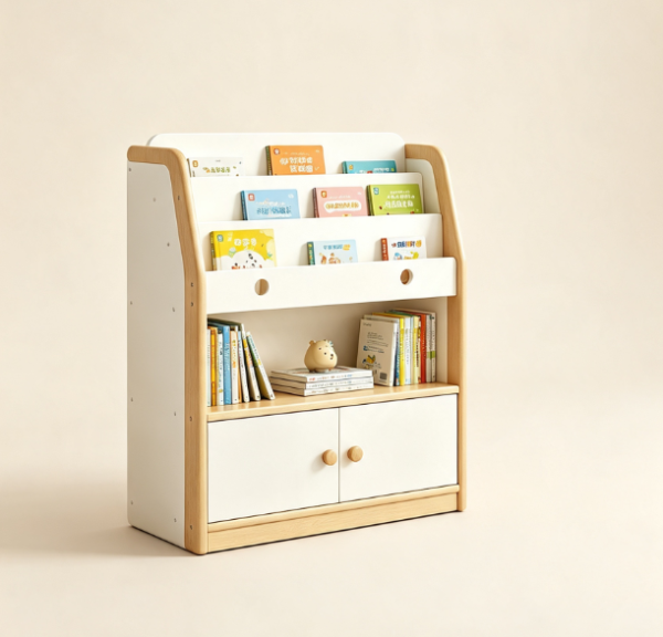Floor Standing Children's Bookcase with Open Shelving and Enclosed Storage