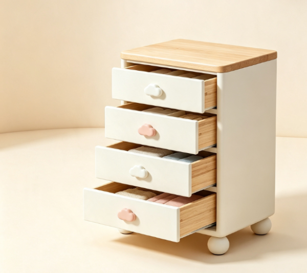 Cream style 4 drawer storage unit for children, featuring cloud shaped handles—a slim dresser perfect for organizing baby clothes 