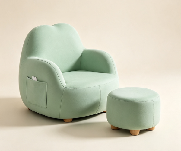 Cloud Shaped Children's Armchair with Matching Round Ottoman – Soft Velvet Reading & Lounge Chair