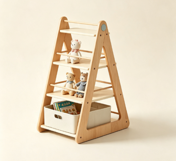 This solid wood A frame children's bookshelf features tiered shelving for displaying and storing dolls and picture books, and comes with fabric storage bins 