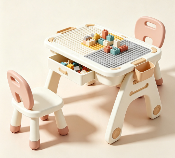Multifunctional building block table for children with two chairs—a convertible table for large block play and study, featuring built in storage 